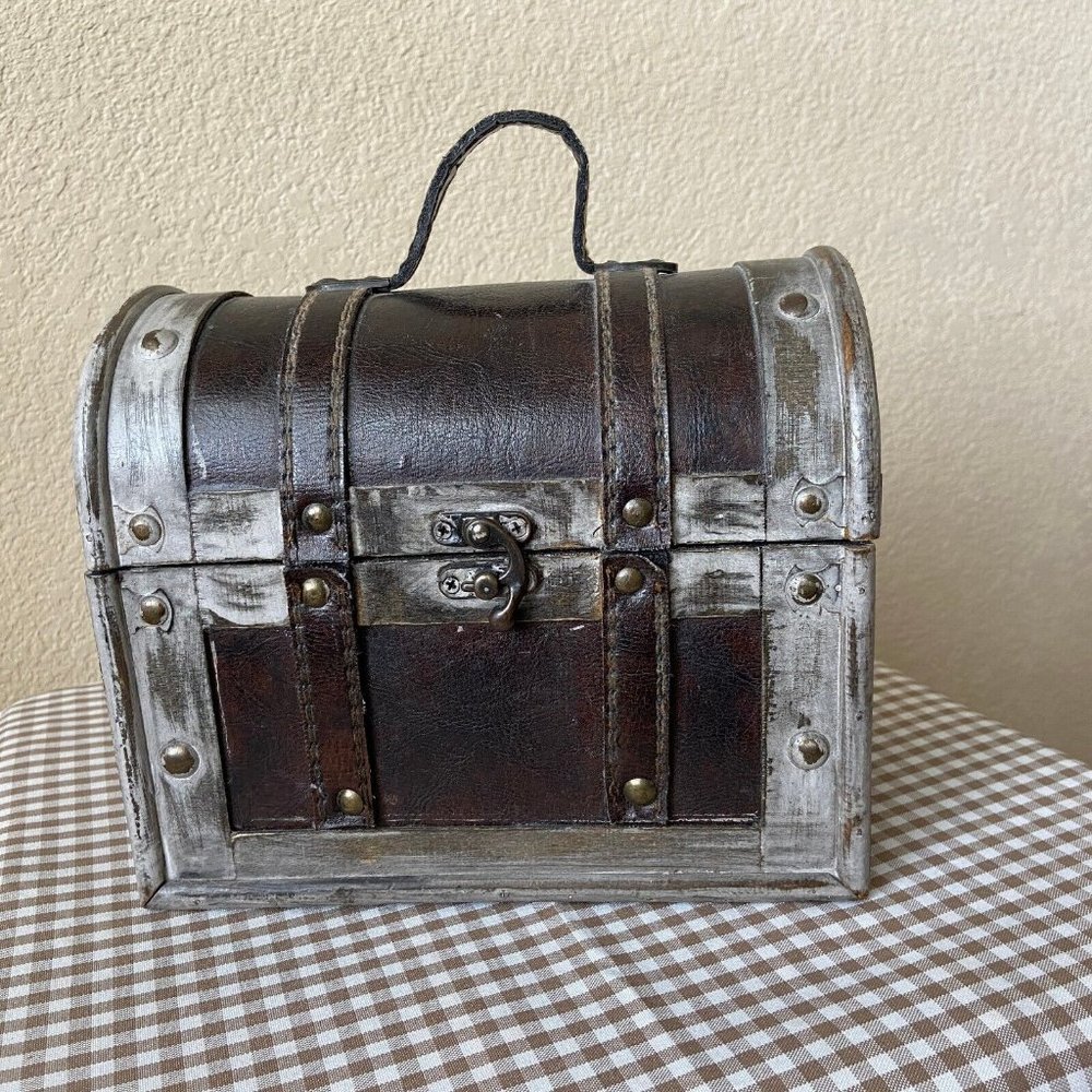 Hobby Lobby Decorative Wood Leather Treasure Box Brown Gray 8.5'' x 7'' x 5''